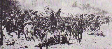 French cavalry attacking Prussian infantry.  
Battle of Etoges, 1814.
Picture by W. Kossak