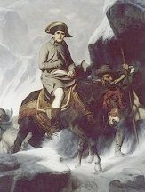 Bonaparte on donkey 
crossing the Alps.
Picture by Delaroche.
