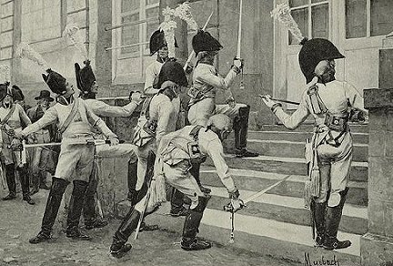 Prussian Guard sharpen swords 
on the steps of the French embassy
in 1806 in Berlin. Picture by Myrbach