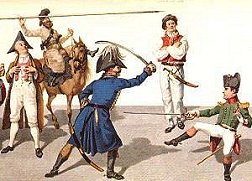 German farmer, mounted Cossack 
and an Englishman, enjoying a duel
between robust Blucher and the 
little Buonaparte.  
Picture by G. Shadow, England