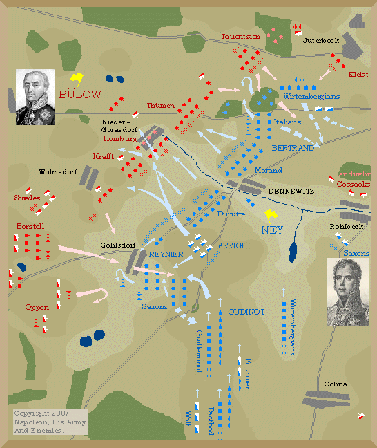 Map of battle of Dennewitz.
Ney's columns attack Prussian center.