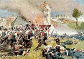 Prussian infantry vs Old Guard at Plancenoit. 
Picture by Rohling.